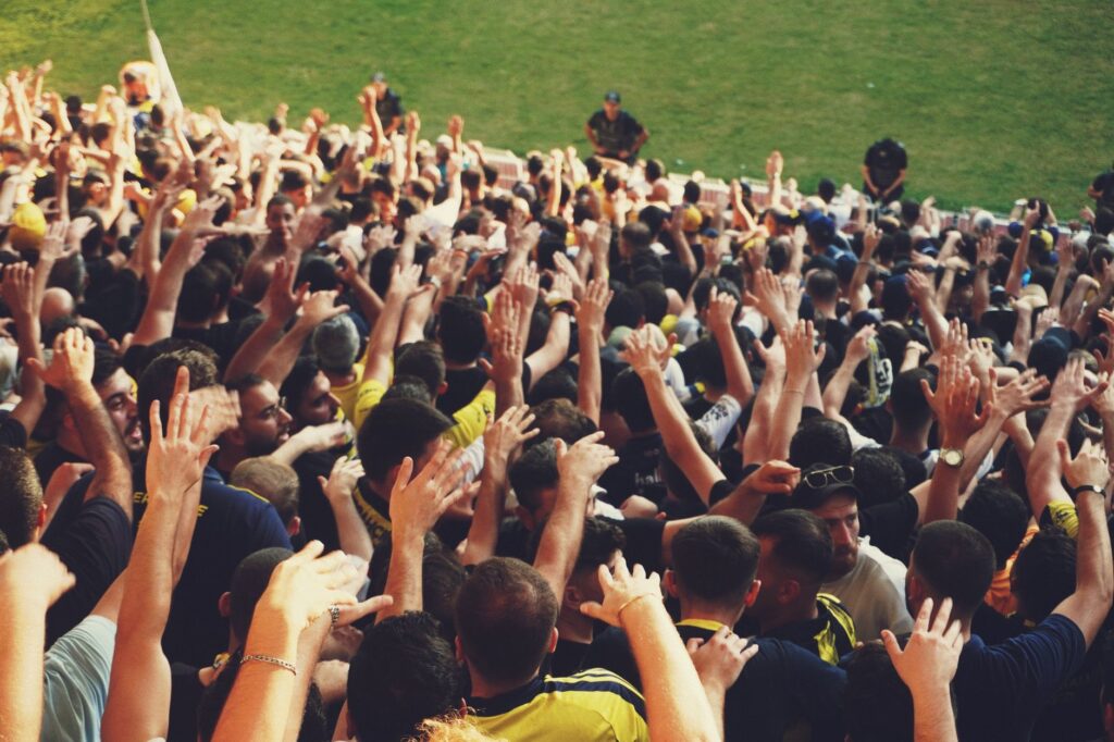 Excited crowd with raised hands at a vibrant outdoor sports event.